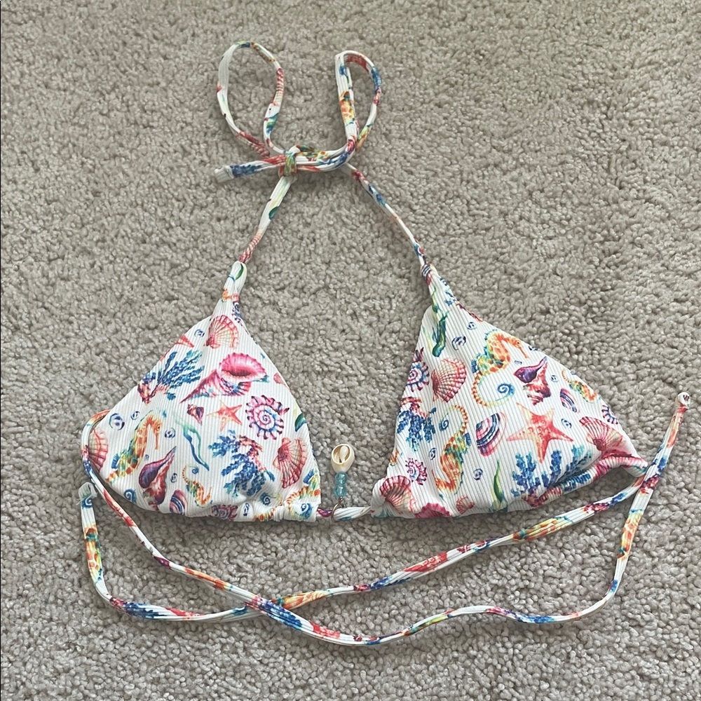 White Seashell Print Triangle Bikini Top Small